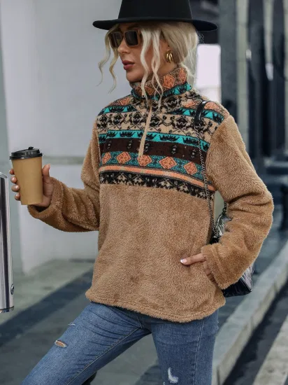 Accogliente maglione invernale da donna con stampa geometrica, maglione in pile allentato multicolore per donna doppio